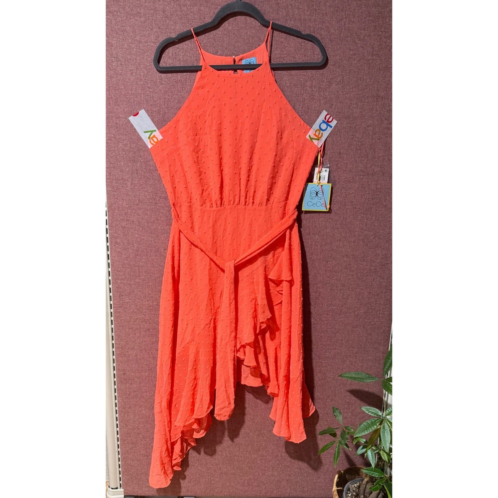 NWT CeCe Hot Lava Swiss Dot‎ Halter Dress Size 10 Asymmetrical Hem Belted